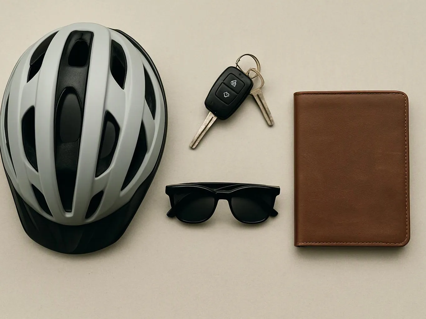 A bicycle helmet, car keys, sunglasses, and a brown wallet lie neatly on a plain surface