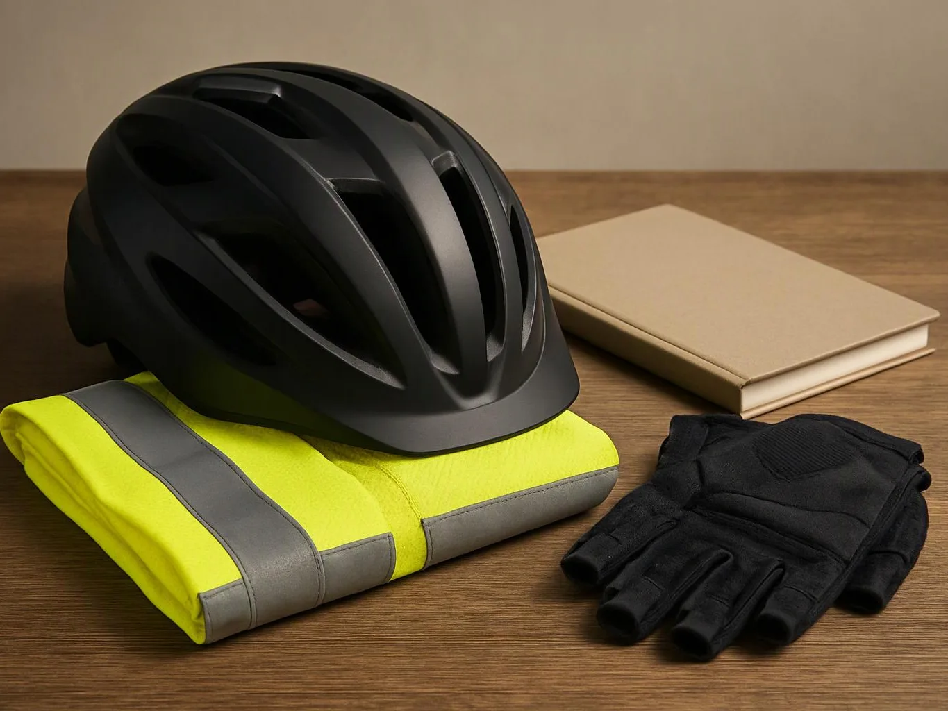 A black bicycle helmet sits on a folded reflective yellow jacket beside black gloves and a beige notebook on a wooden table