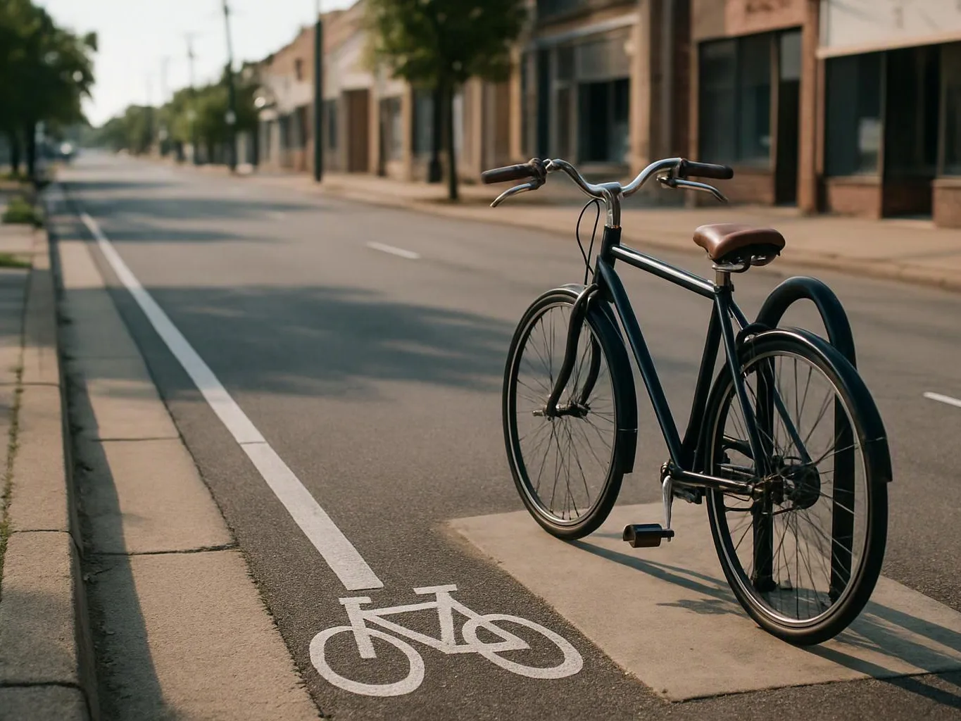 A black bicycle stands on a quiet street beside a painted bike lane symbol and empty buildings
