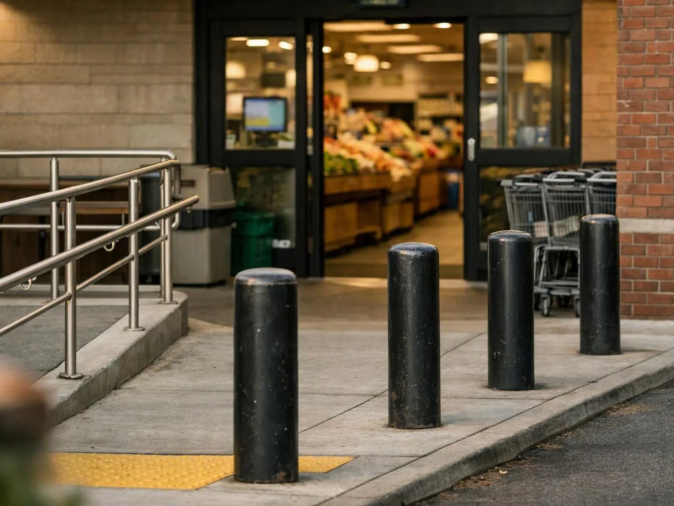 Black bollards line a grocery store entrance beside shopping carts and a metal ramp