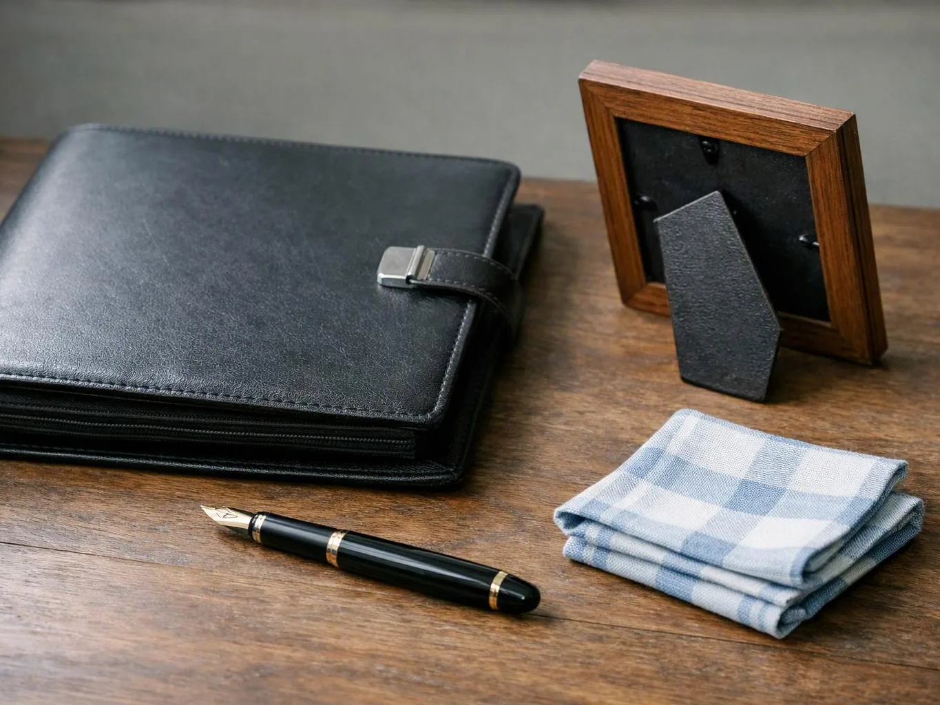 A black leather folder, fountain pen, folded blue handkerchief, and framed plaque rest on a wooden table