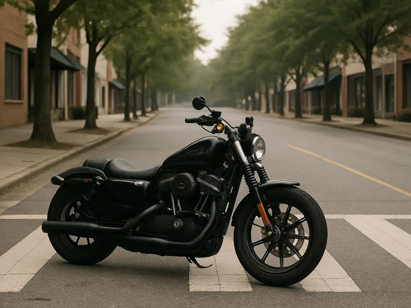 A black motorcycle stands across a crosswalk on a quiet tree-lined street with buildings on both sides