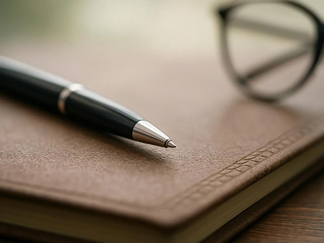 A black pen rests on a brown notebook beside blurred eyeglasses on a wooden table