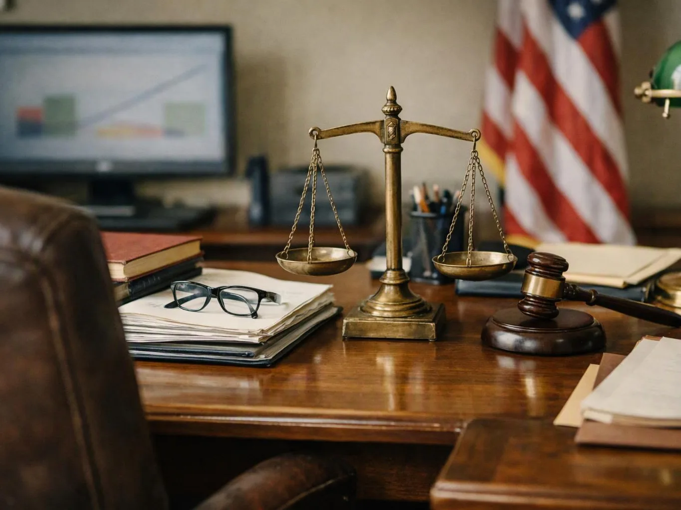 A brass balance scale and gavel sit on a wooden desk in a law office