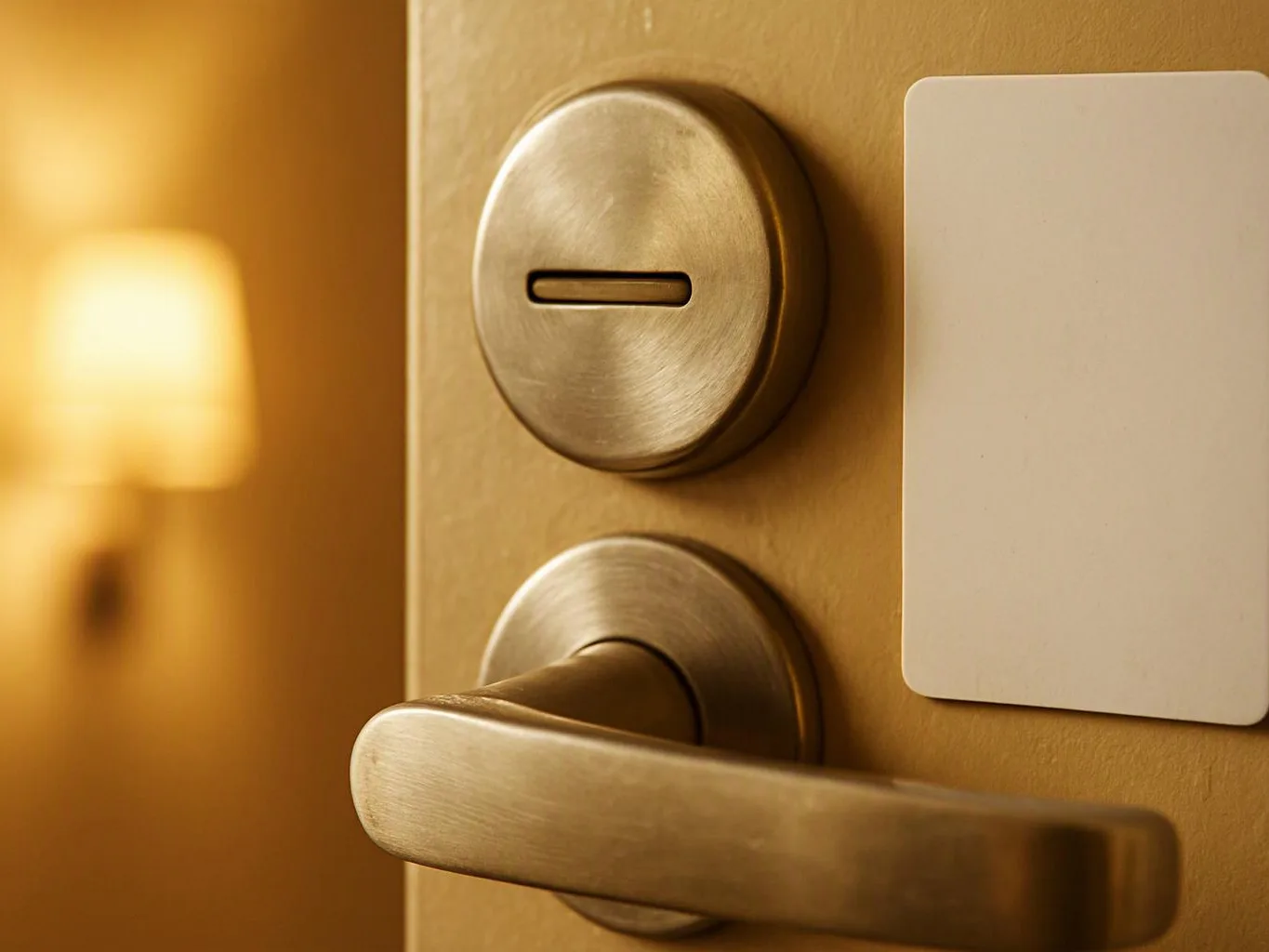 A brass door handle and lock sit beside a blank white wall plate on a warm-toned interior door