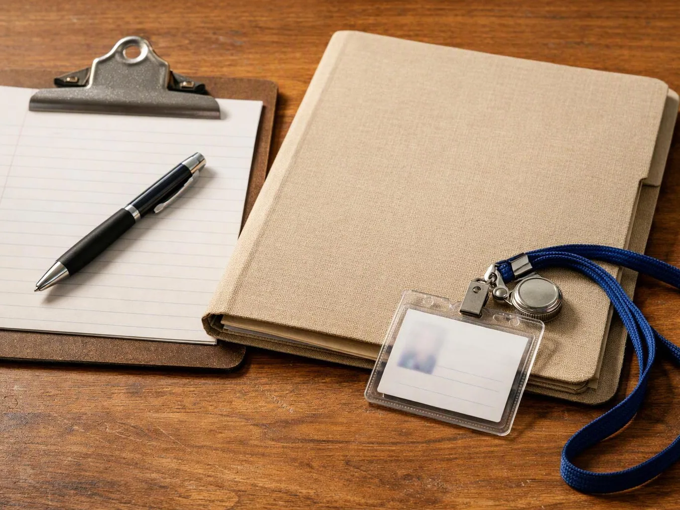 A clipboard with lined paper and pen sits beside a beige notebook and an ID badge on a wooden table