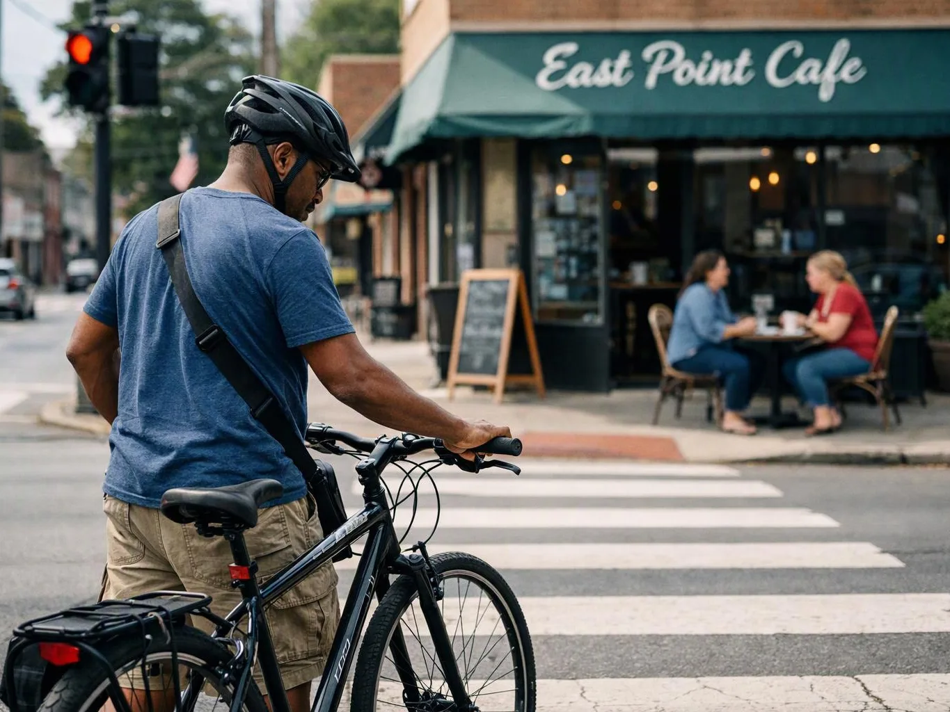 A cyclist waits at a crosswalk outside a cafe while two people sit chatting at a sidewalk table