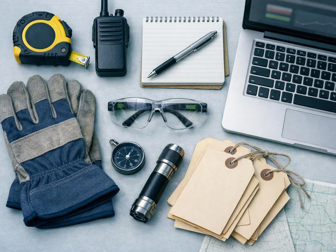 A flat lay of safety gear, a notebook, pen, laptop, tags, glasses, compass, flashlight, gloves, tape measure