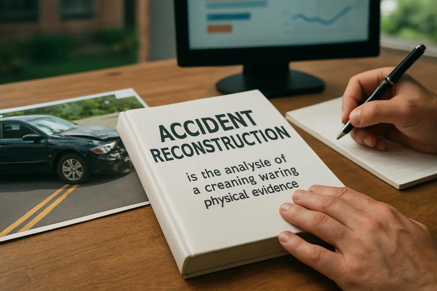 A person writes in a notebook beside an accident reconstruction book, car crash photo, and computer screen on a desk