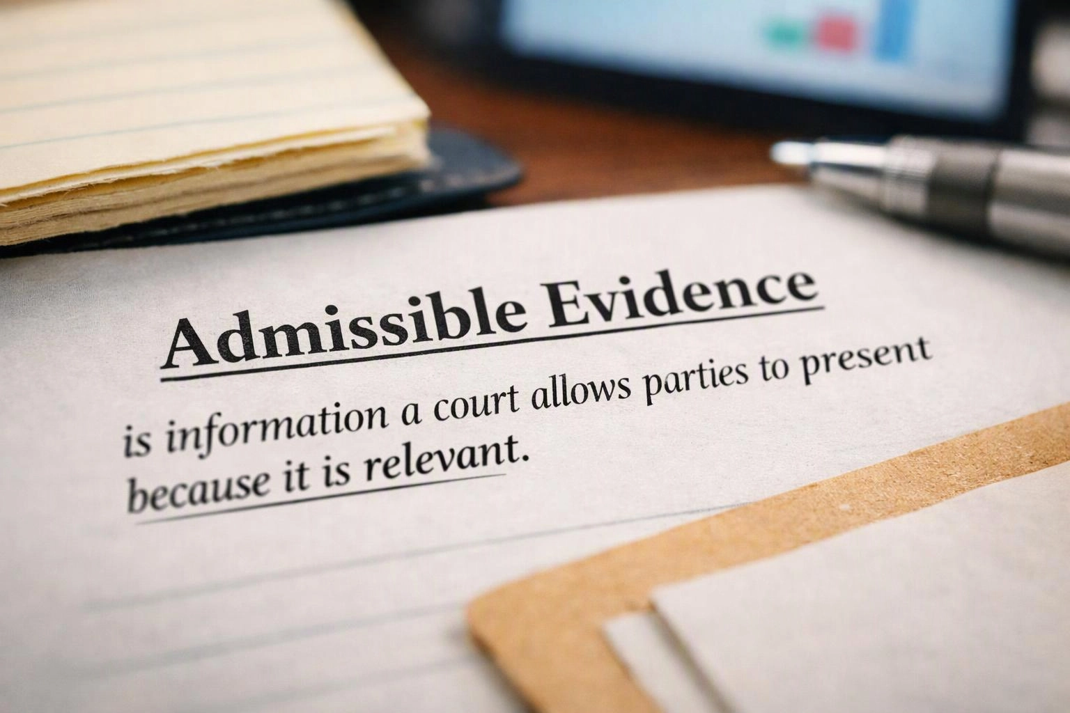 A close-up of a paper page shows the heading "Admissible Evidence" beside a pen and notebook on a desk