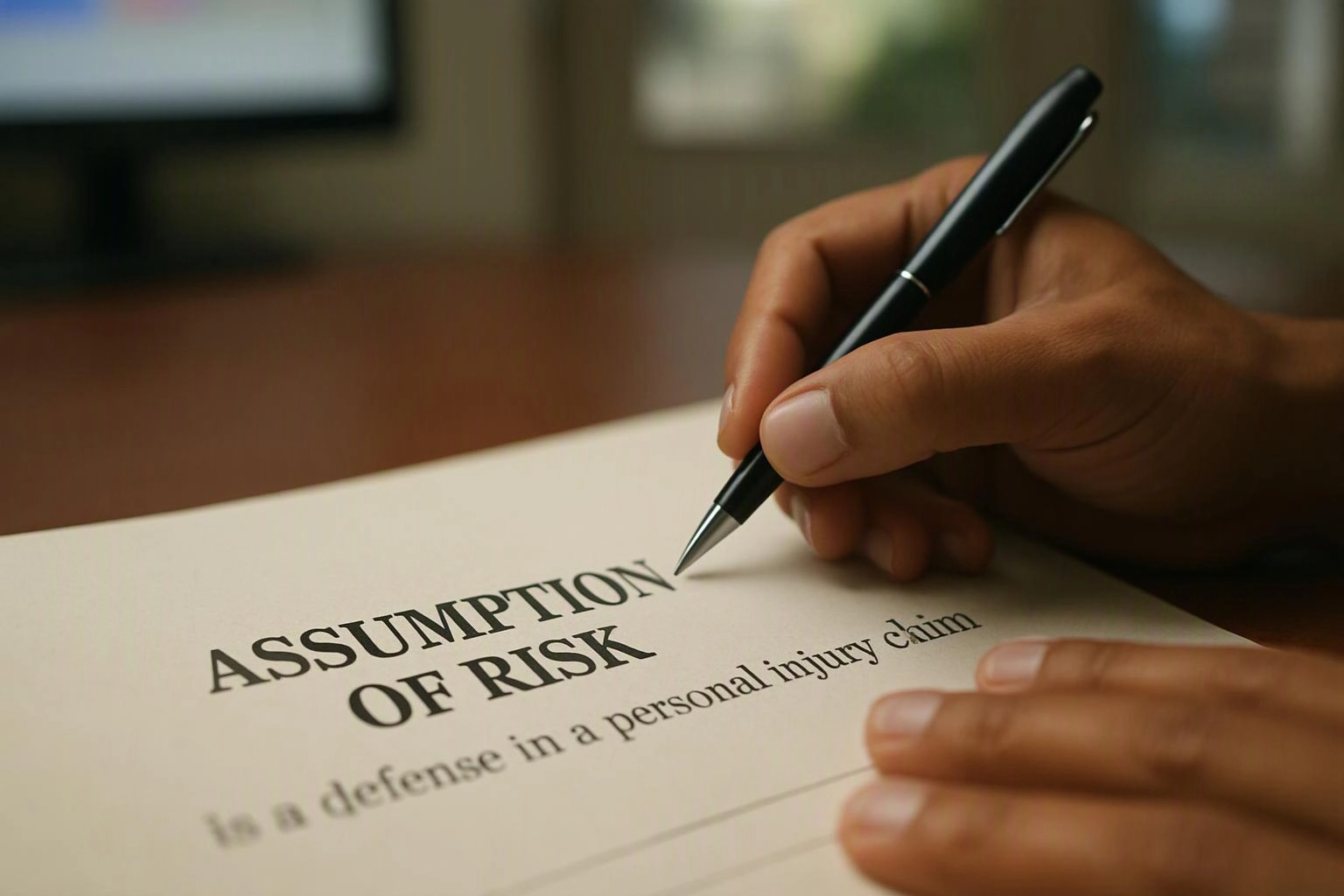 A hand holds a pen over a document titled “ASSUMPTION OF RISK” on a desk