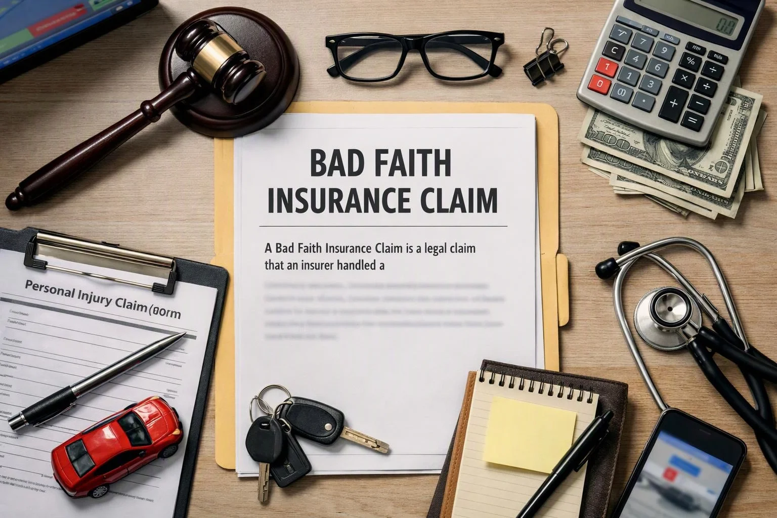 A desk shows legal and insurance paperwork surrounded by a gavel, calculator, glasses, cash, keys, stethoscope, and phone