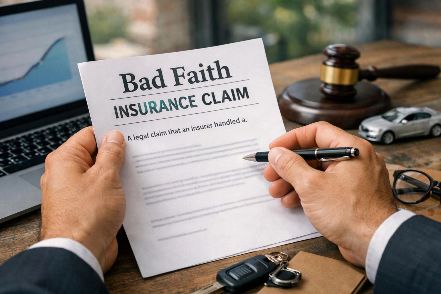 Hands hold a paper titled “Bad Faith Insurance Claim” beside a laptop, gavel, toy car, and keys on a desk