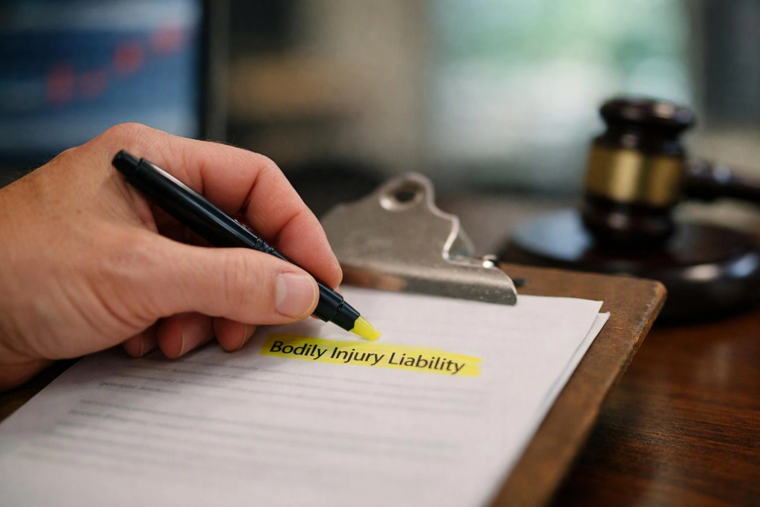 A hand highlights “Bodily Injury Liability” on a paper clipboard, with a blurred gavel in the background
