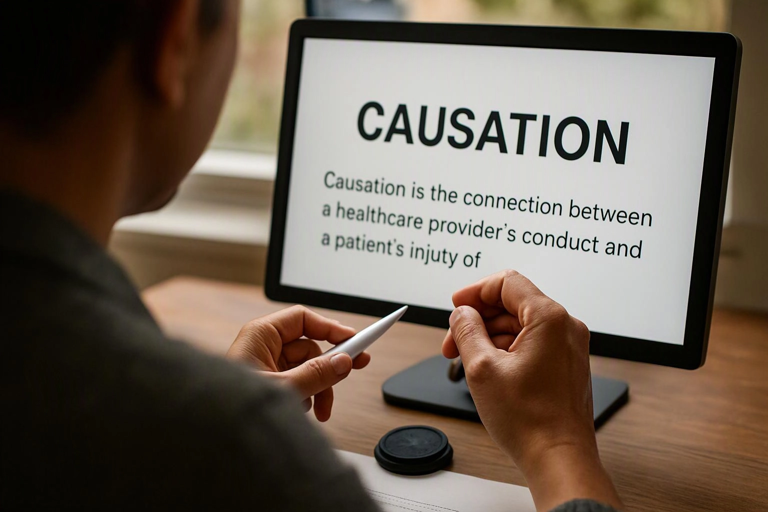 A person holds a stylus at a desk, looking at a monitor showing the word “CAUSATION” and explanatory text