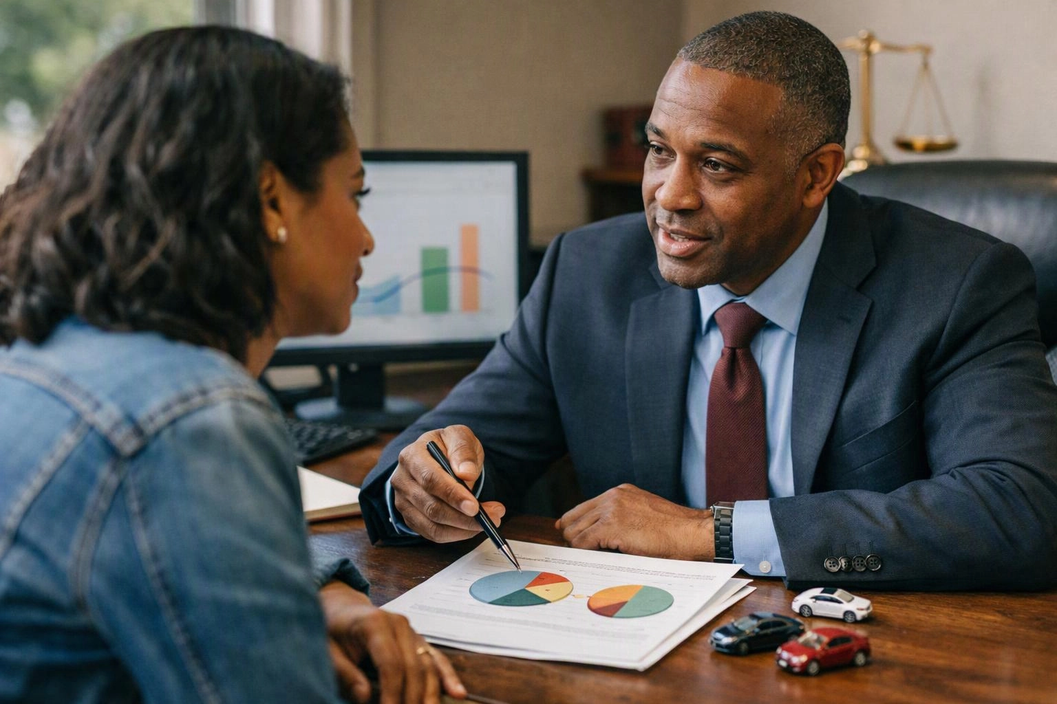 A man in a suit talks across a desk with a woman, pointing at printed charts in an office