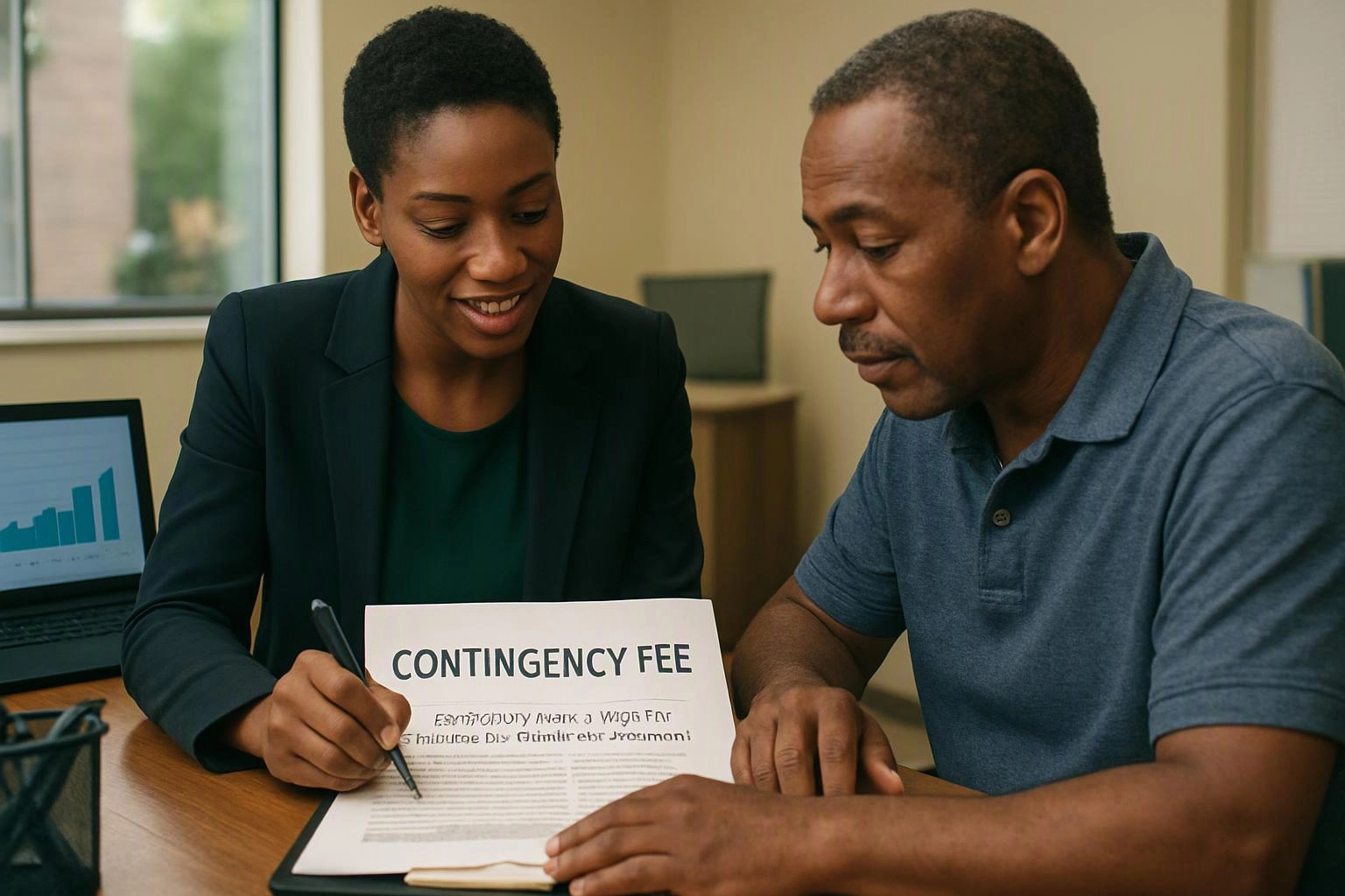 Two people review a document labeled “CONTINGENCY FEE” at a desk with a laptop showing a bar chart