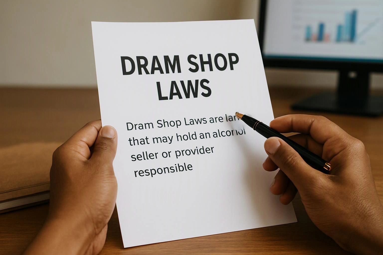 Hands hold a paper titled “DRAM SHOP LAWS” while a pen points at the text on a desk