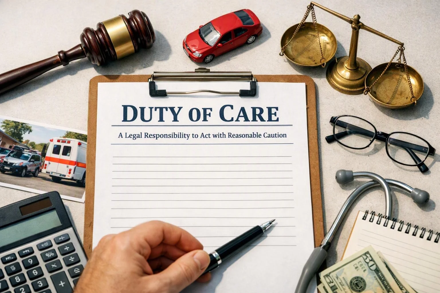 A hand holds a pen over a clipboard labeled “DUTY OF CARE” beside legal and medical objects