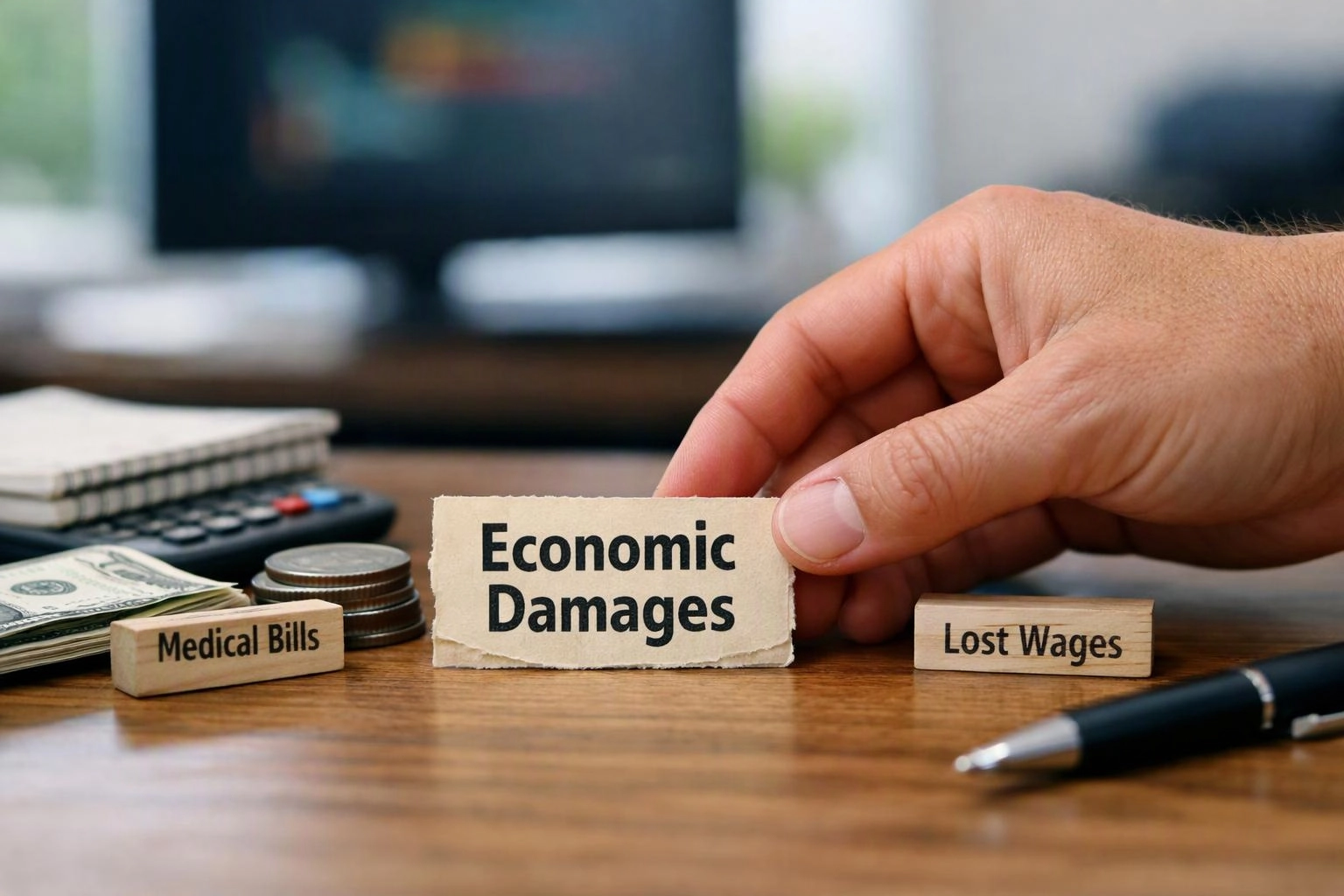 A hand holds a paper label reading “Economic Damages” beside money, coins