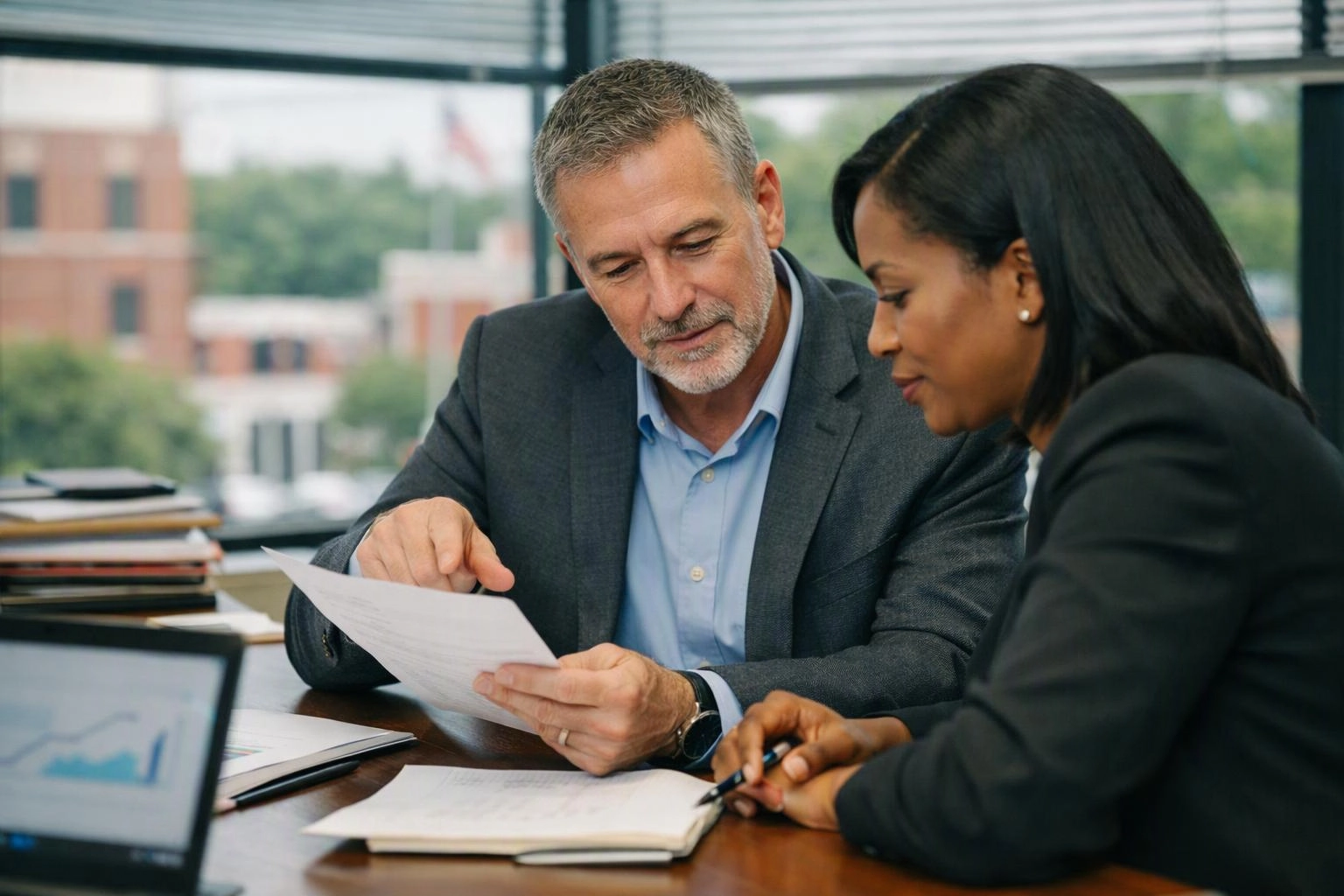 Two coworkers review a document at a desk in a bright office with a laptop and papers nearby