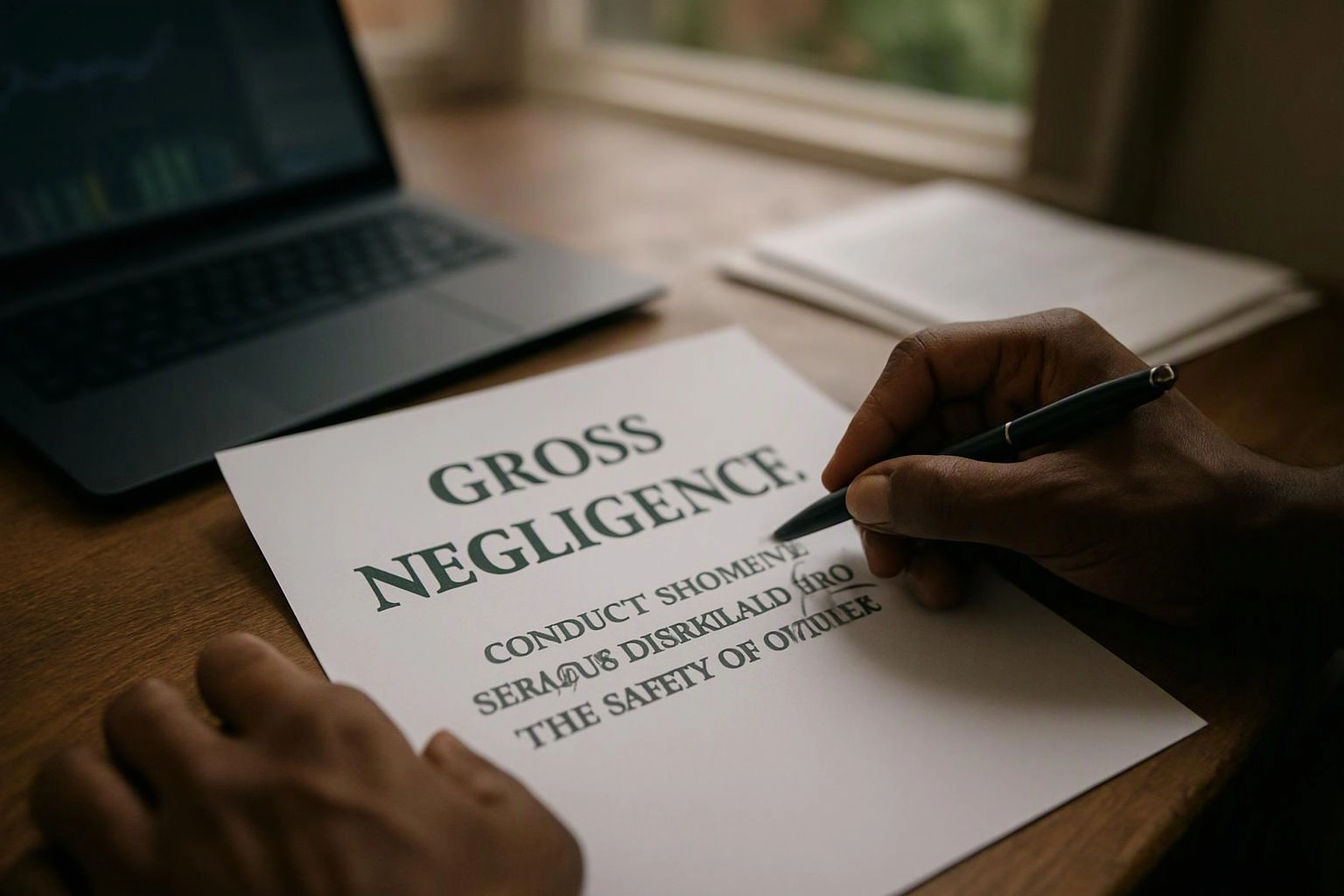 A hand holds a pen over a paper reading “GROSS NEGLIGENCE” beside a laptop on a wooden desk