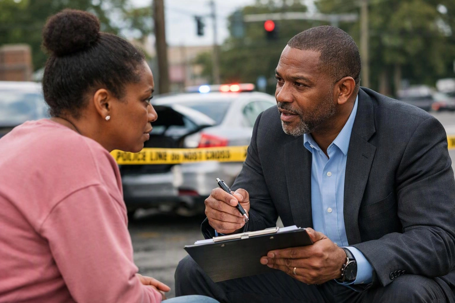 A man in a suit takes notes while speaking to a woman beside yellow police tape and a car with flashing lights