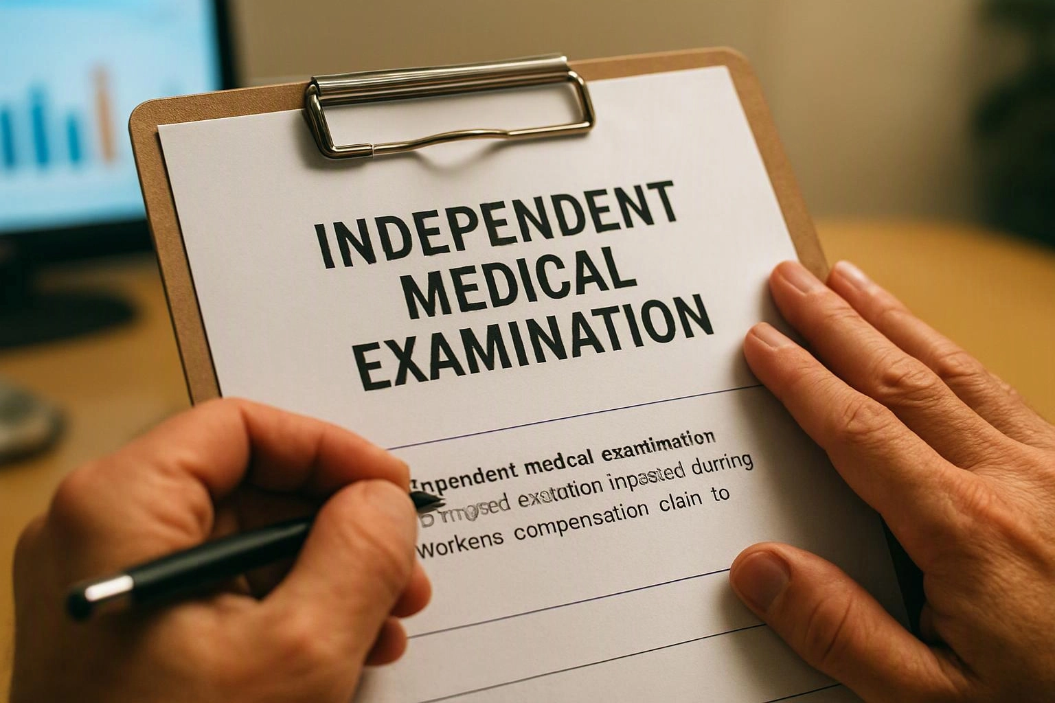 Hands hold a clipboard while a pen points at a form titled "INDEPENDENT MEDICAL EXAMINATION"