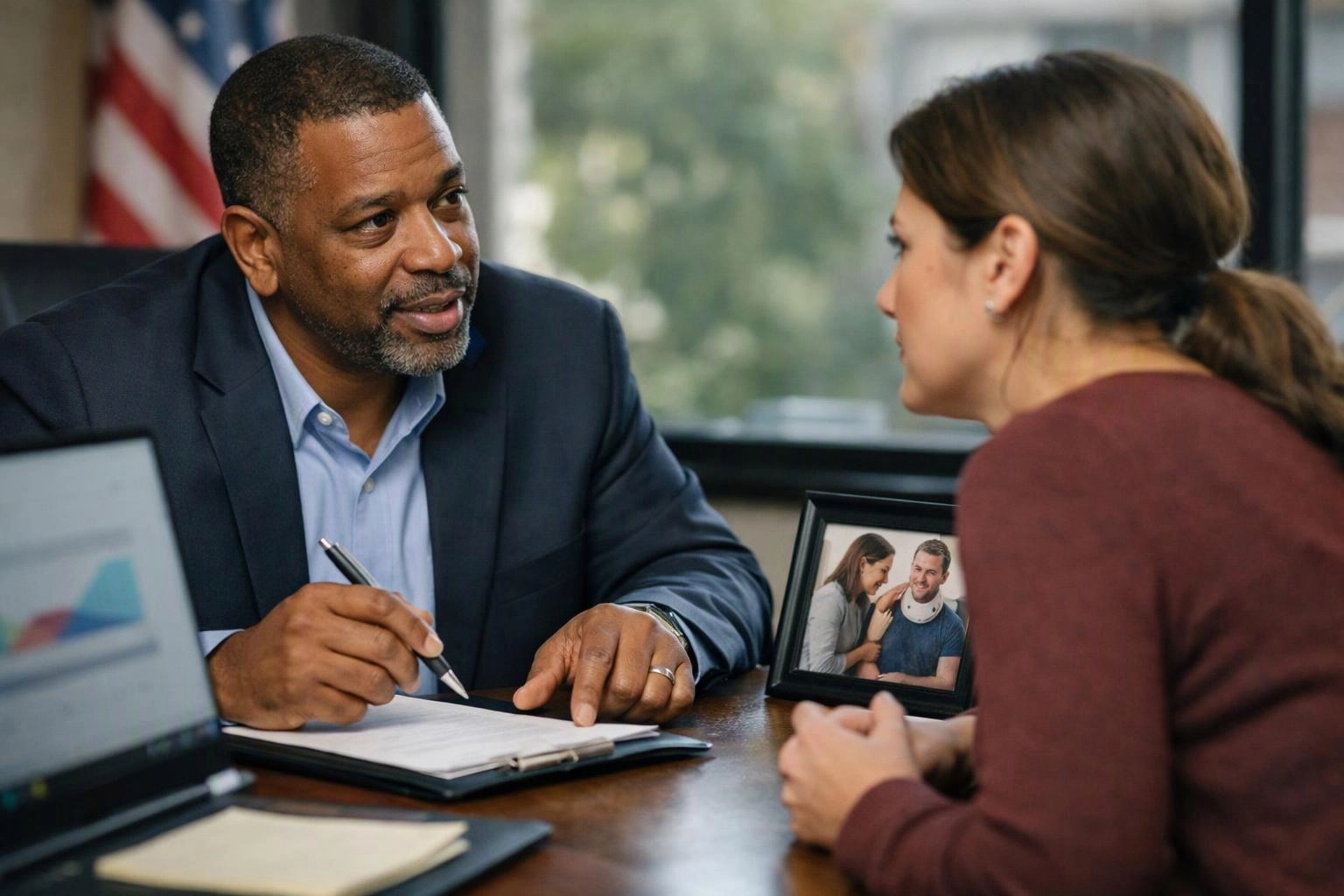 Two people talk across a desk while a man writes notes beside a laptop and framed photo of a smiling couple