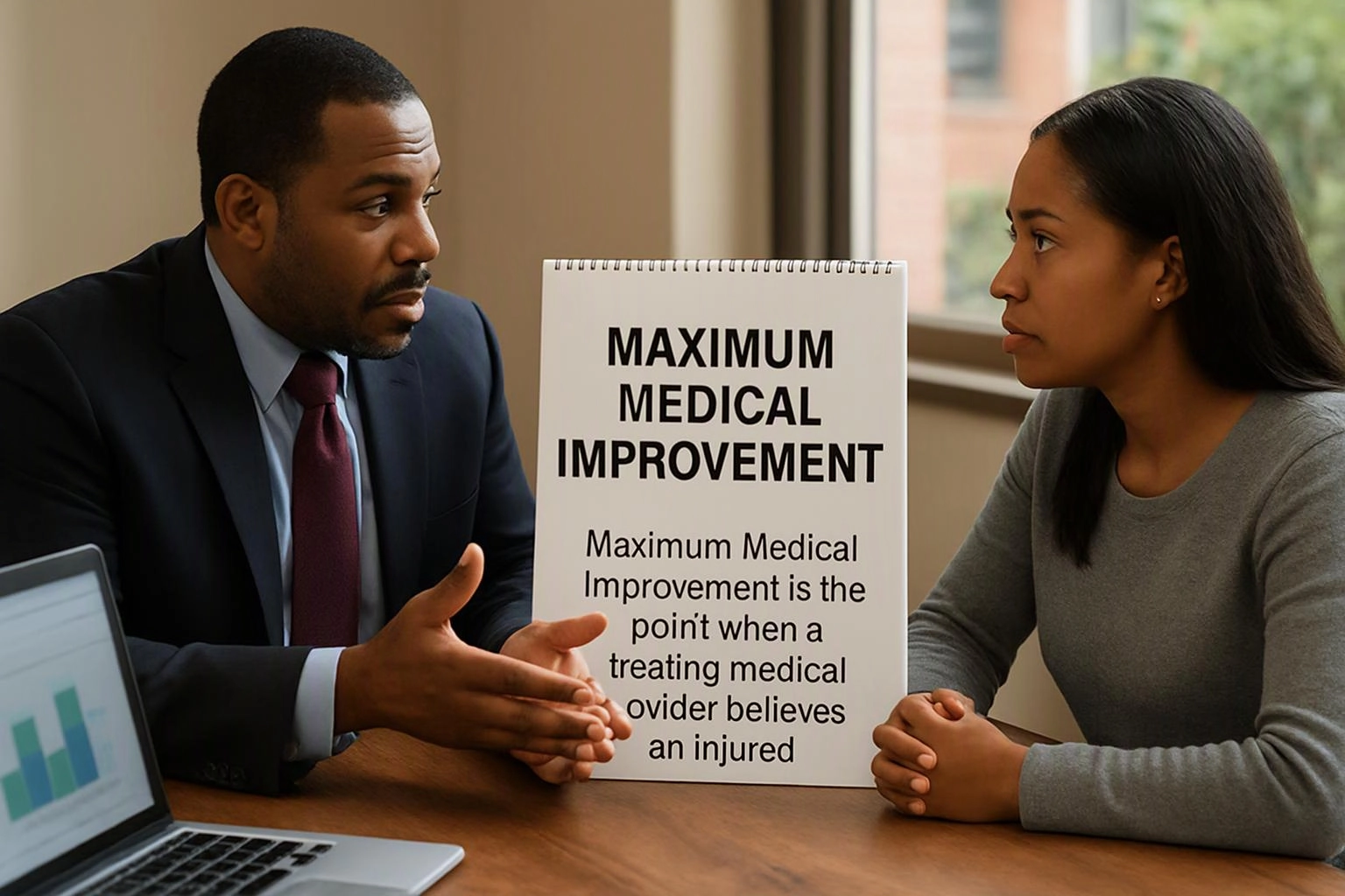 A man and woman sit at a table with a sign about “Maximum Medical Improvement” between them