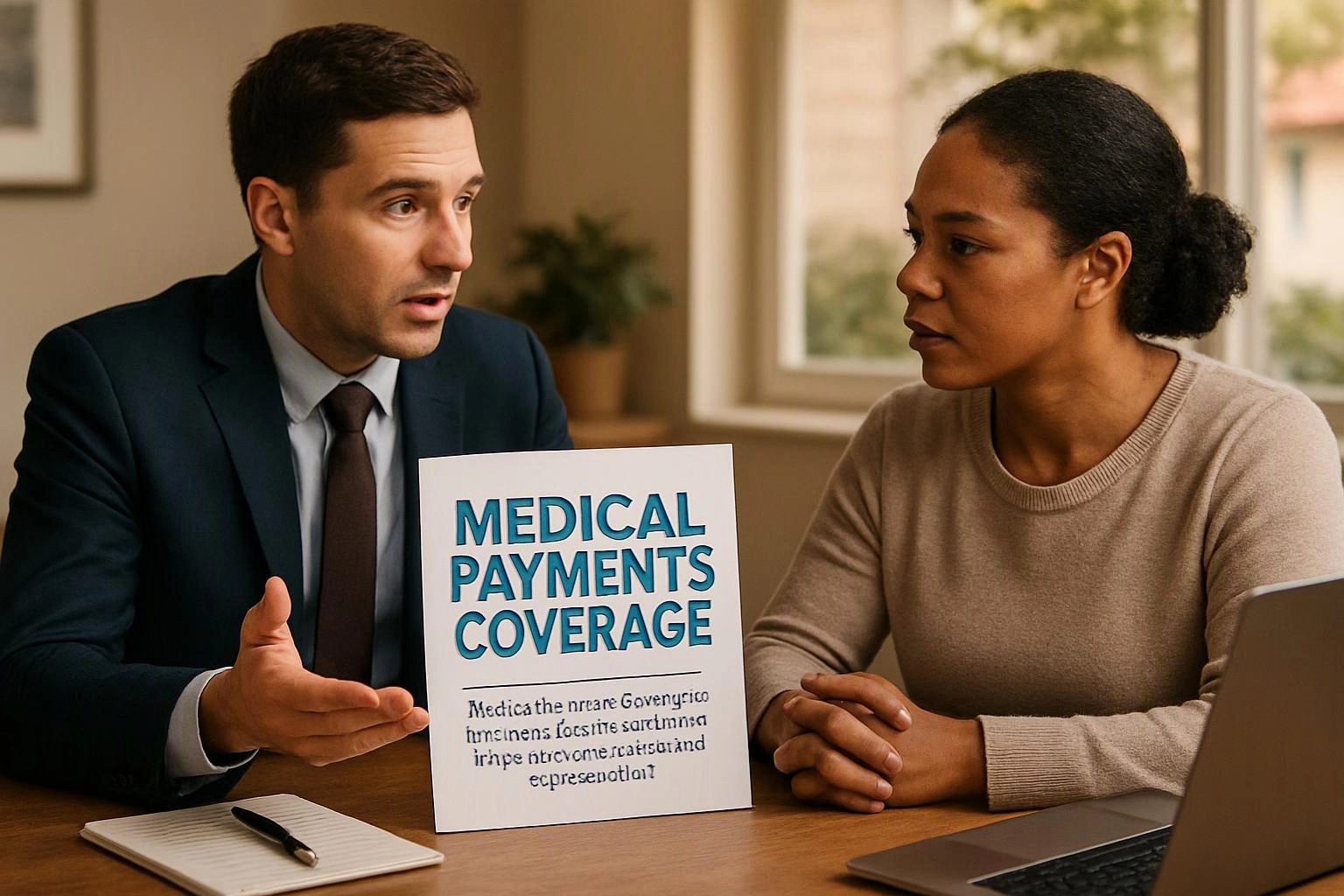 A man in a suit explains a medical payments coverage sign to a woman at a table in a bright room