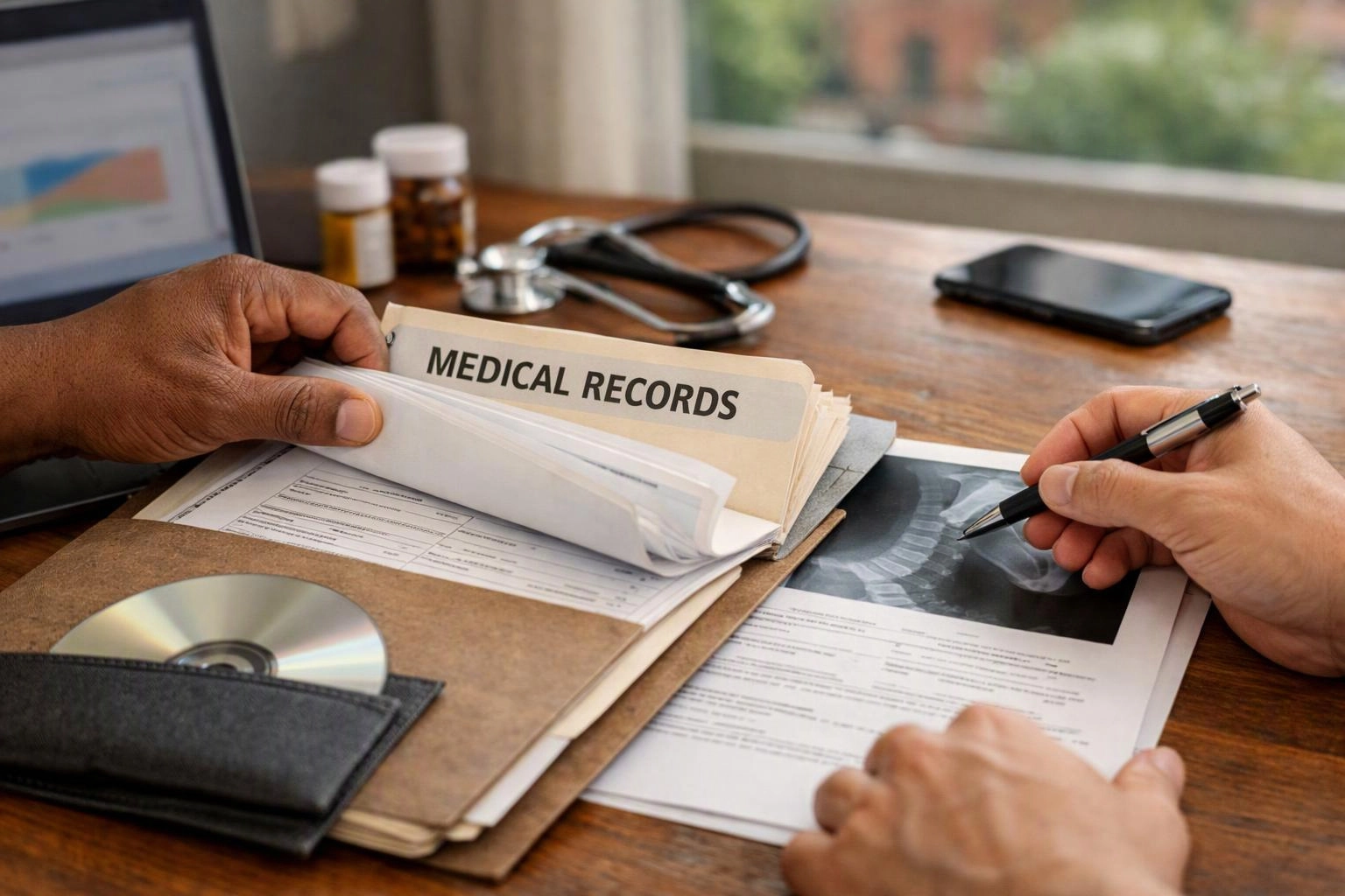 Two hands review medical records and an X-ray report on a desk with a stethoscope and phone