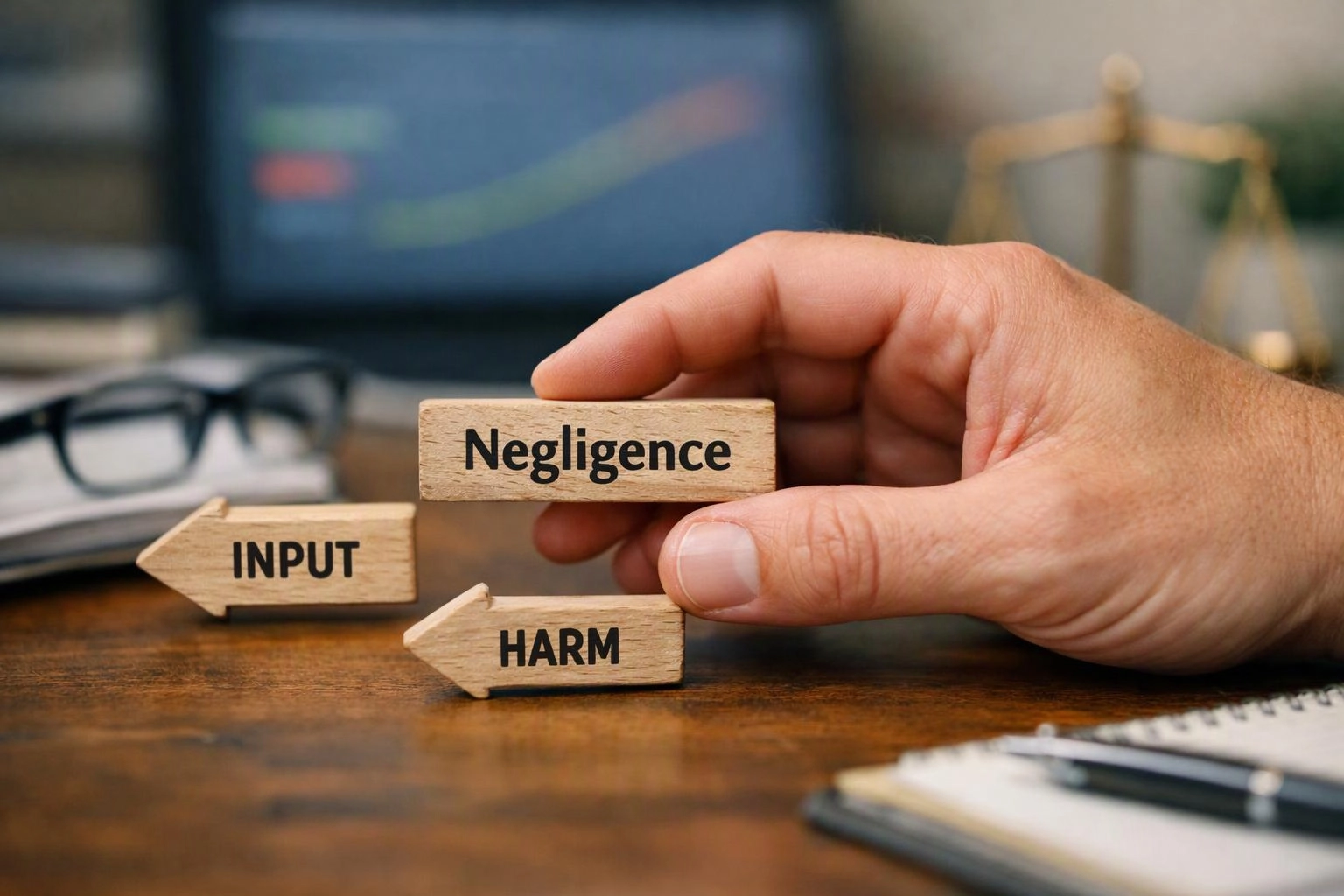 A hand holds a wooden block labeled “Negligence” beside blocks marked “INPUT” and “HARM” on a desk