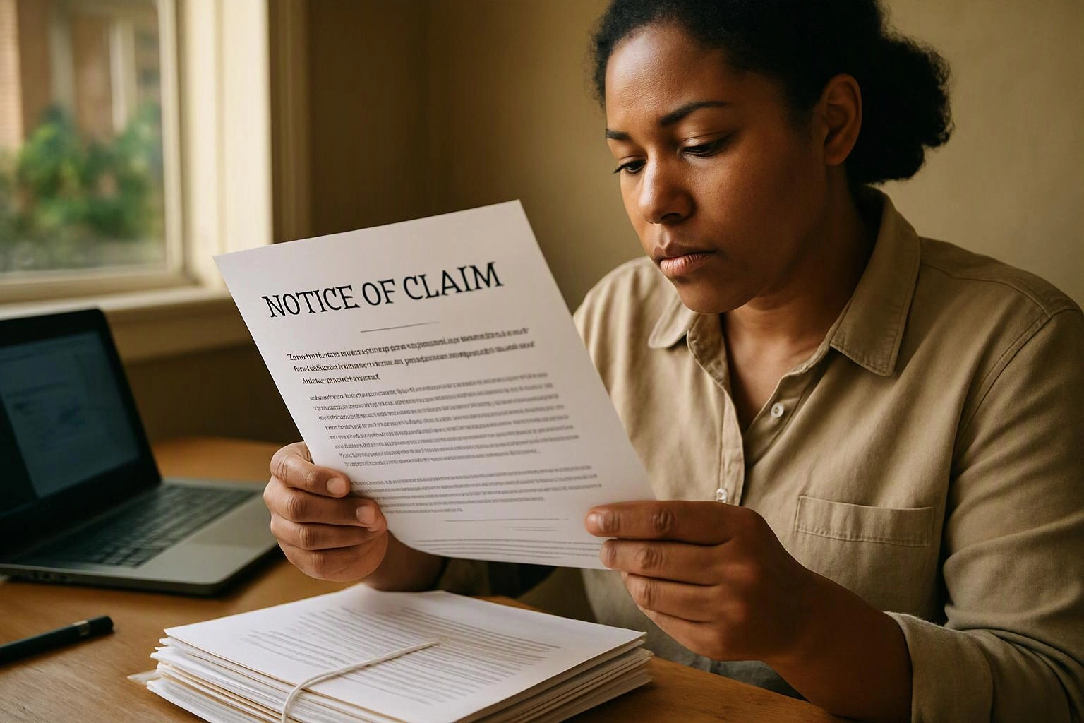 A woman reads a paper marked “NOTICE OF CLAIM” beside a laptop and stack of documents at a desk