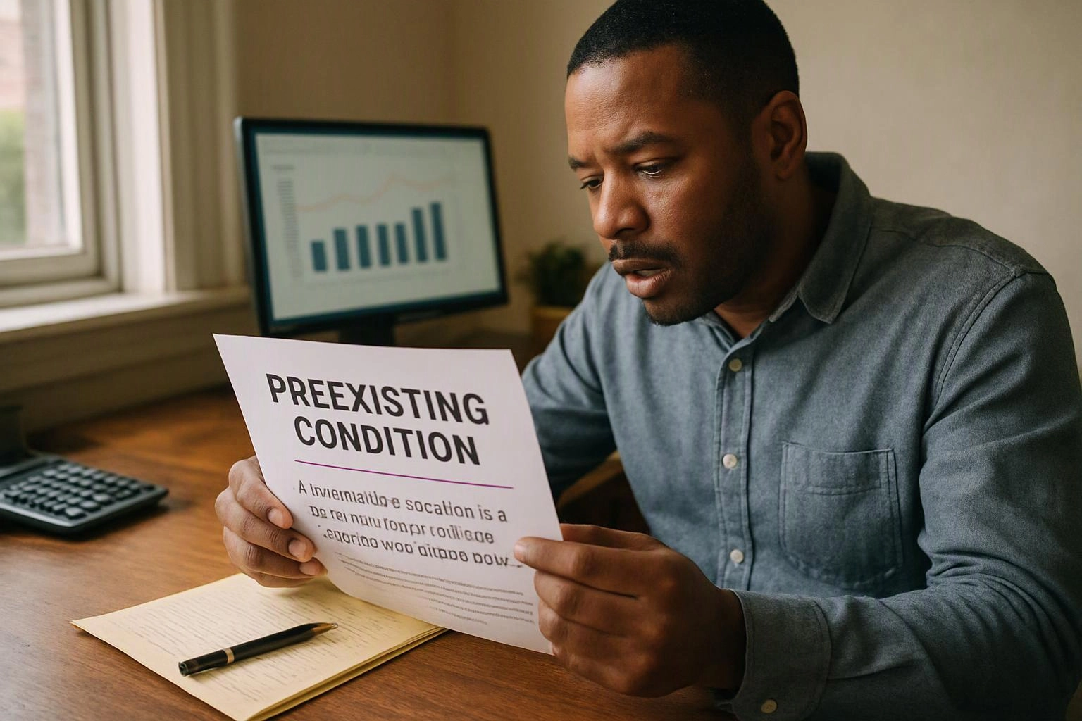 A man studies a paper labeled “PREEXISTING CONDITION” at a desk with a monitor, notebook, and pen