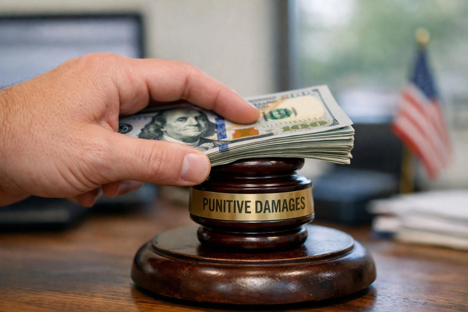 A hand places a stack of hundred-dollar bills on a wooden gavel base labeled "PUNITIVE DAMAGES"