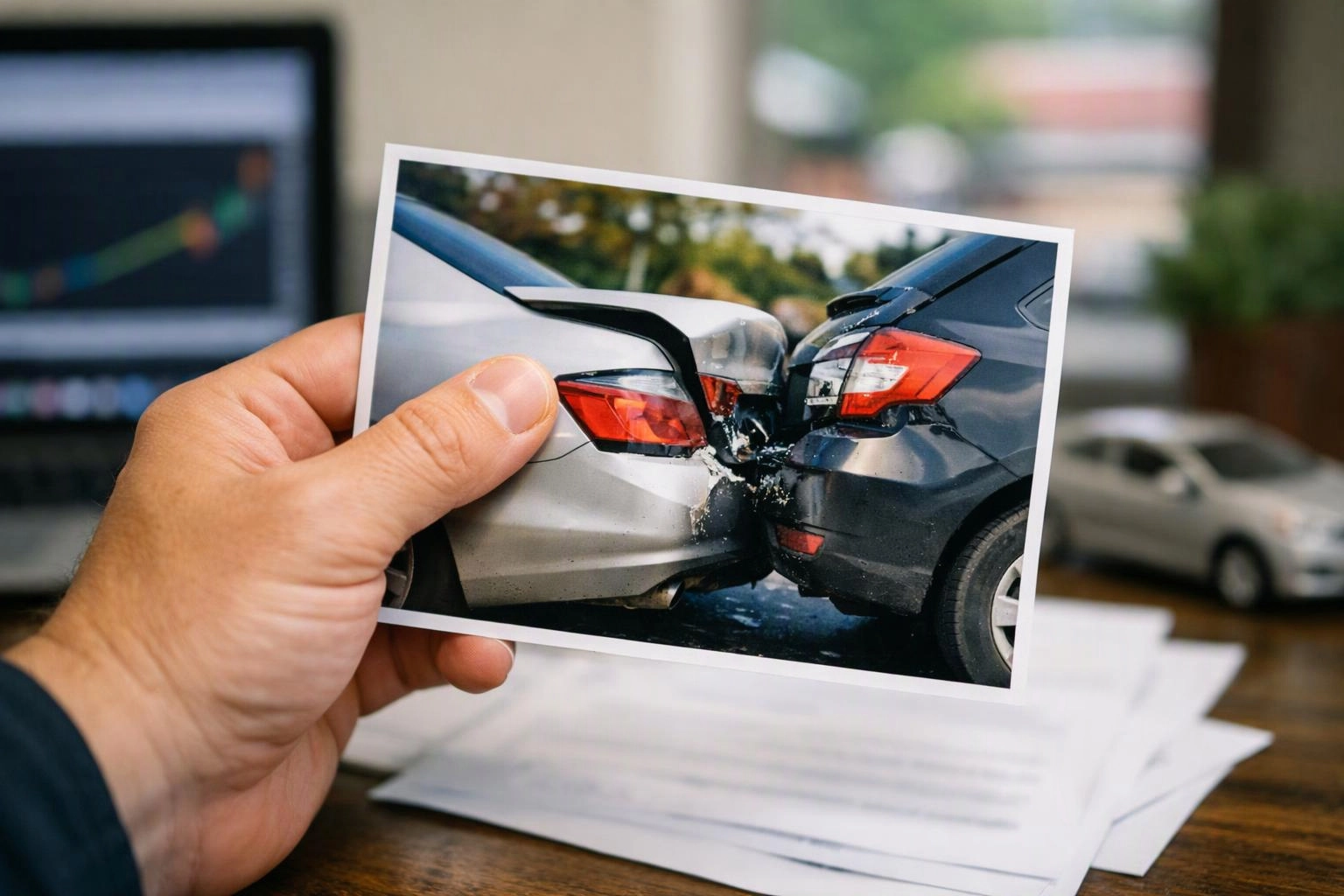 A hand holds a photo of two cars with smashed rear ends after a collision in an office desk setting