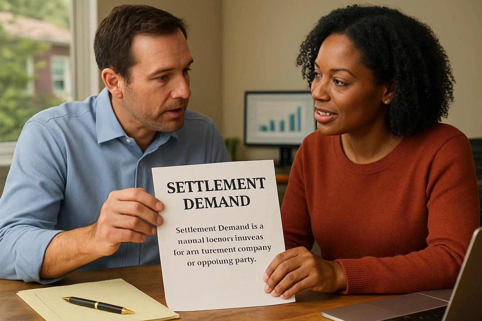 Two people sit at a table reviewing a paper titled "SETTLEMENT DEMAND" in a home office