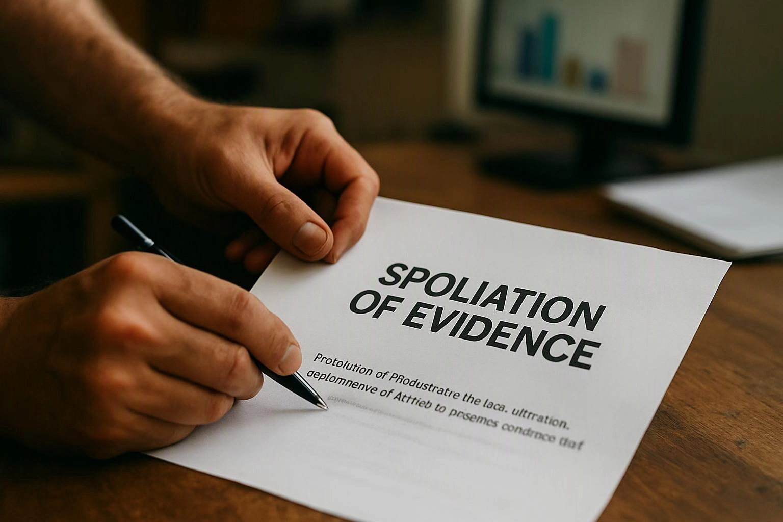Hands write on a paper headed “SPOLIATION OF EVIDENCE” at a wooden desk with a pen