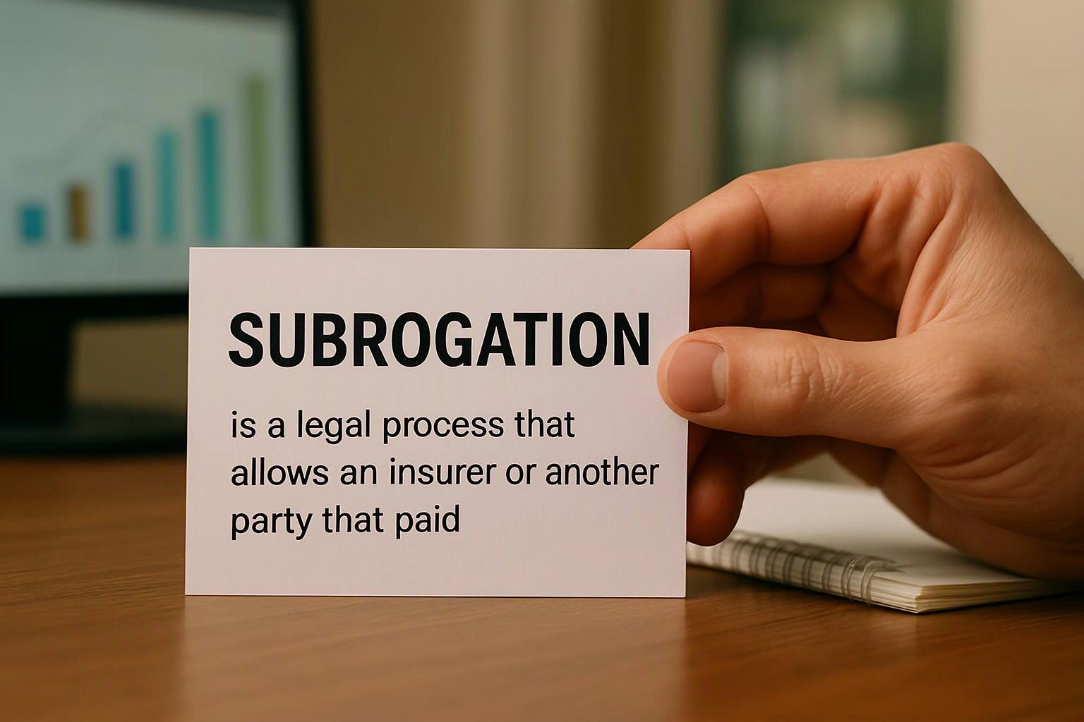 A hand holds a card reading “SUBROGATION” over a desk with a blurred chart in the background