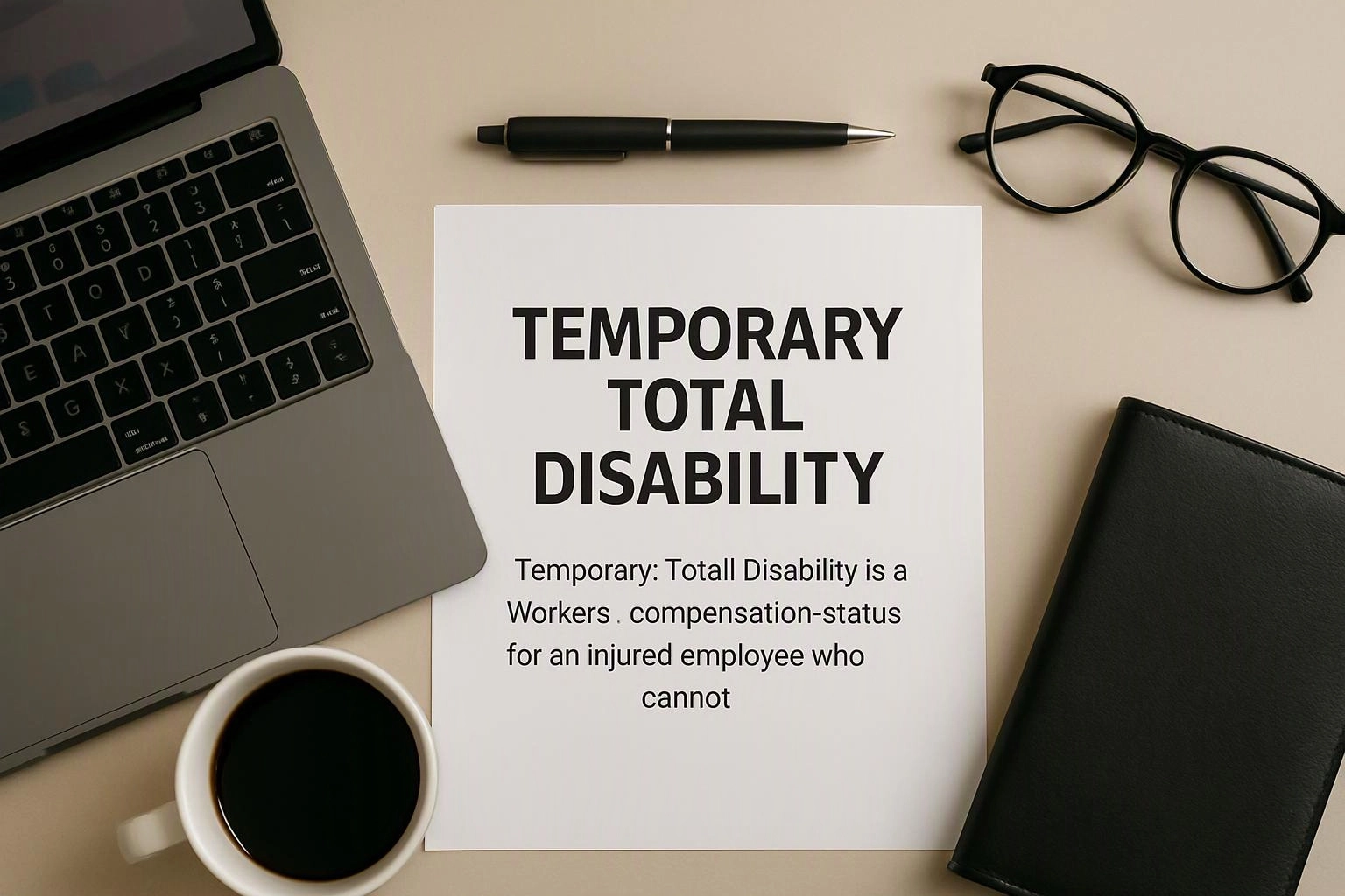 A desk shows a laptop, pen, glasses, coffee, and a paper reading "TEMPORARY TOTAL DISABILITY"
