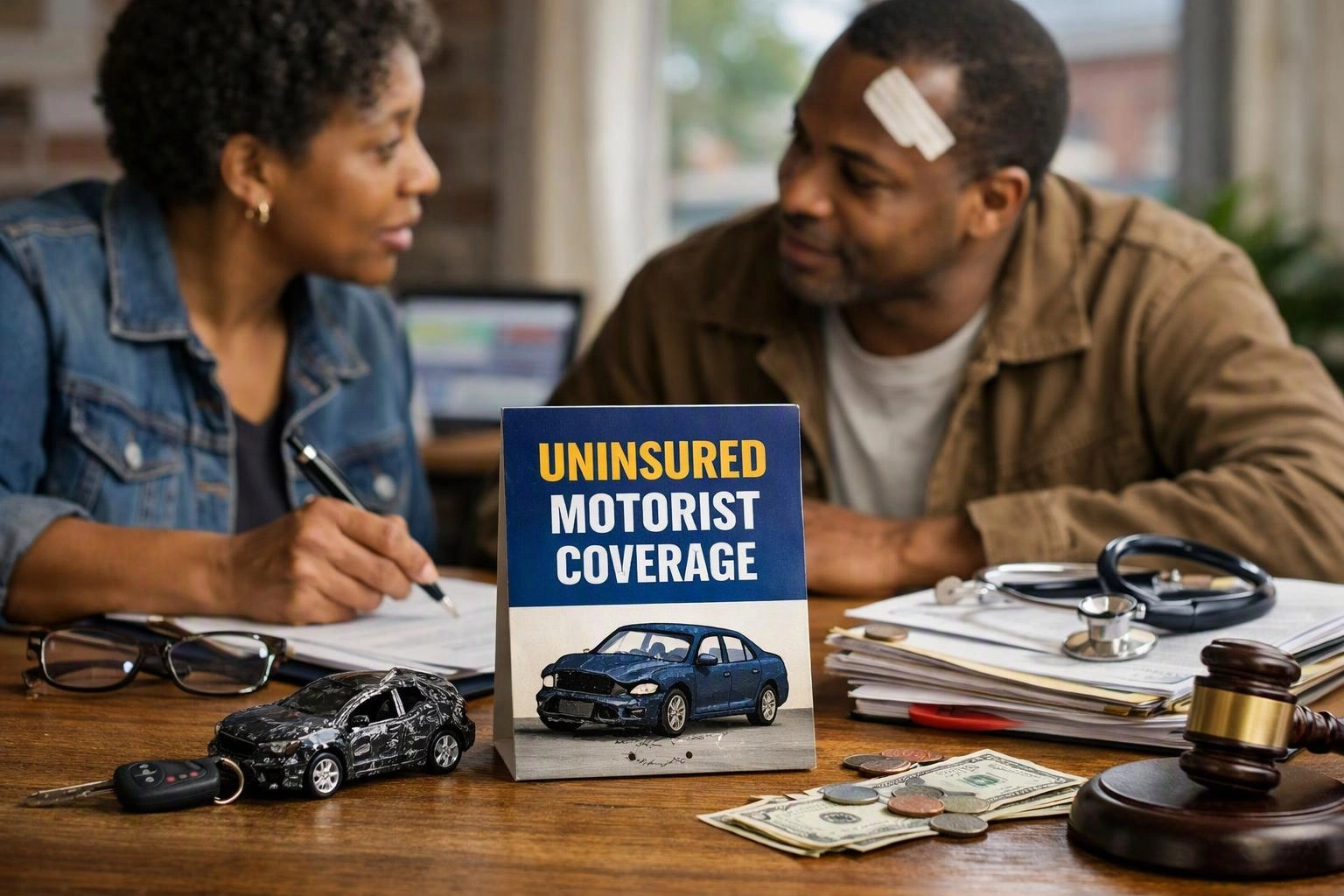 Two people discuss insurance paperwork at a desk beside a sign reading “UNINSURED MOTORIST COVERAGE”
