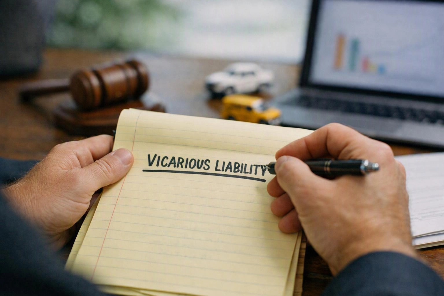 Hands write “VICARIOUS LIABILITY” on a notepad beside a gavel, toy cars, and a laptop on a desk