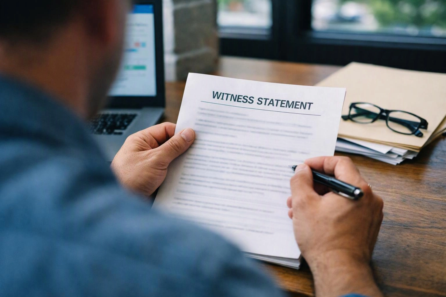 A person holds a document labeled “WITNESS STATEMENT” and writes on it at a desk with a laptop and glasses nearby