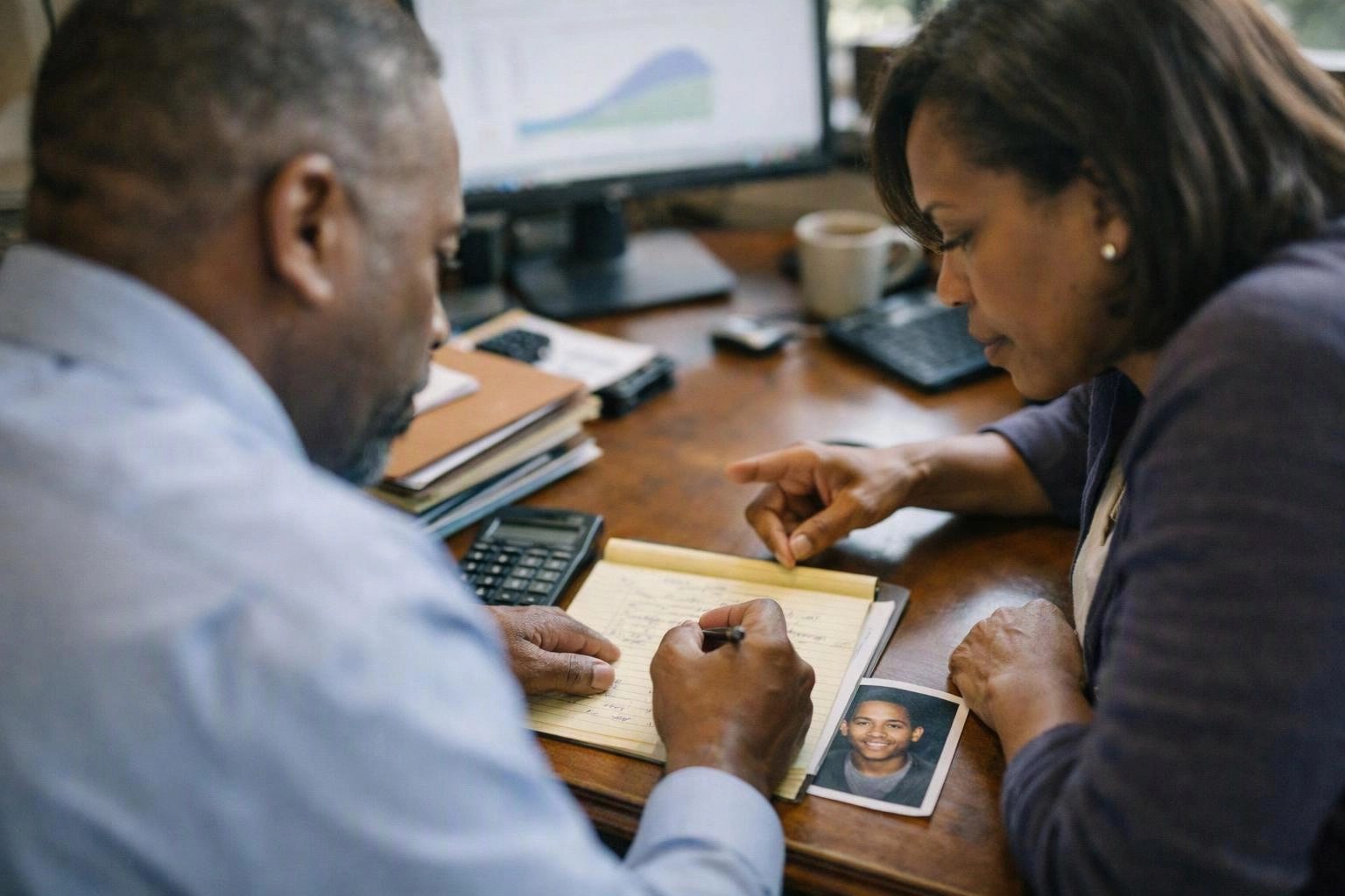 Two adults lean over a desk, writing in a notebook beside a calculator and a small photo card
