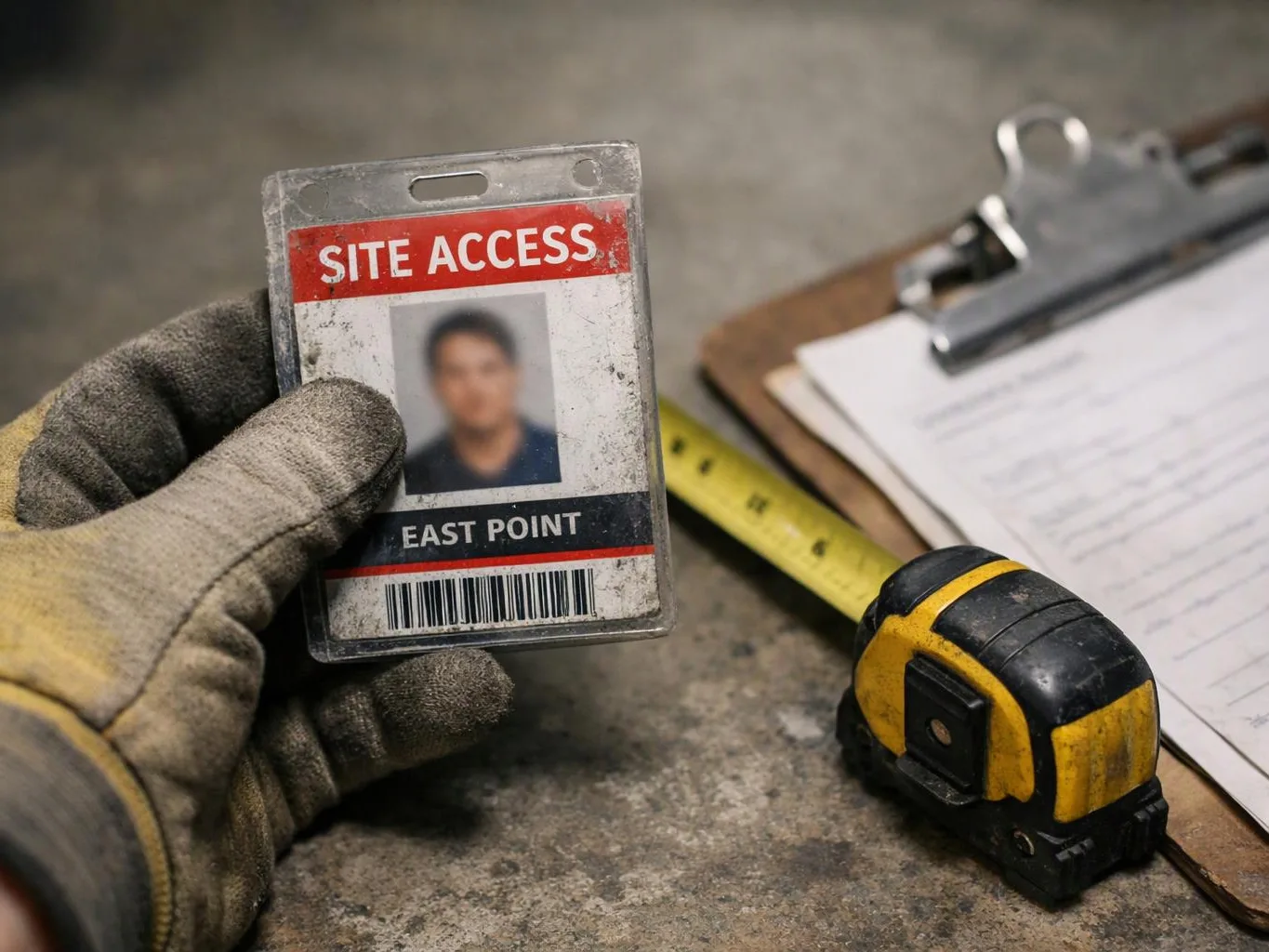 A gloved hand holds a dirty site access badge beside a tape measure and clipboard on a workbench