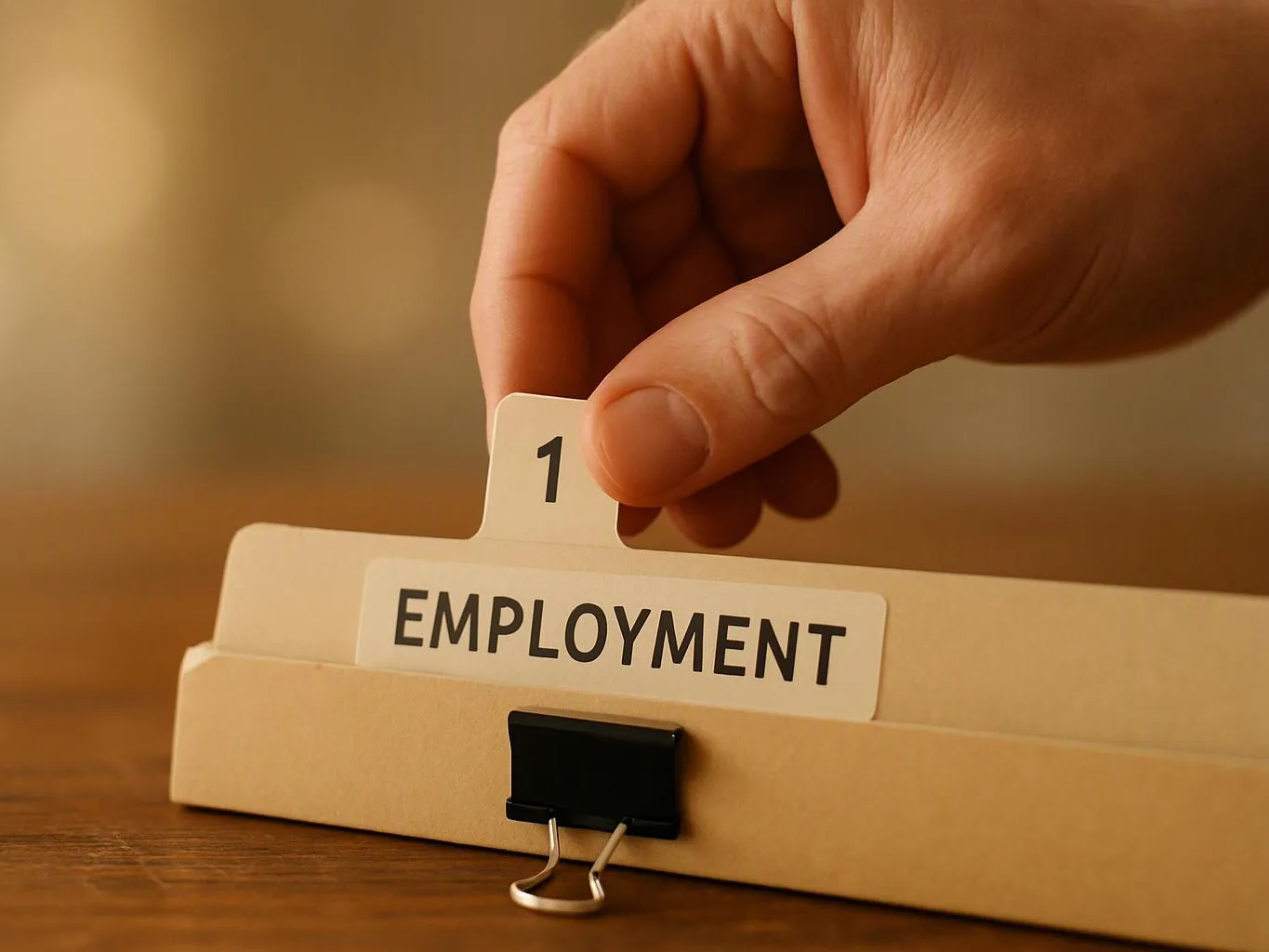 A hand inserts a numbered tab into an employment file folder on a wooden table