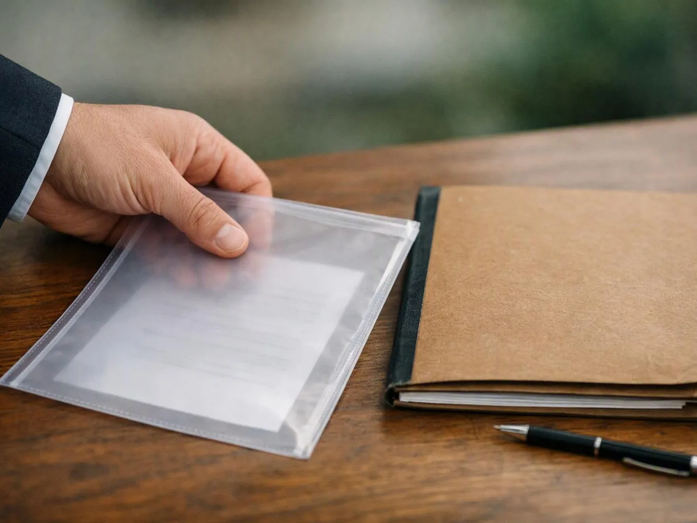 A hand places a clear document sleeve beside a brown notebook and pen on a wooden table