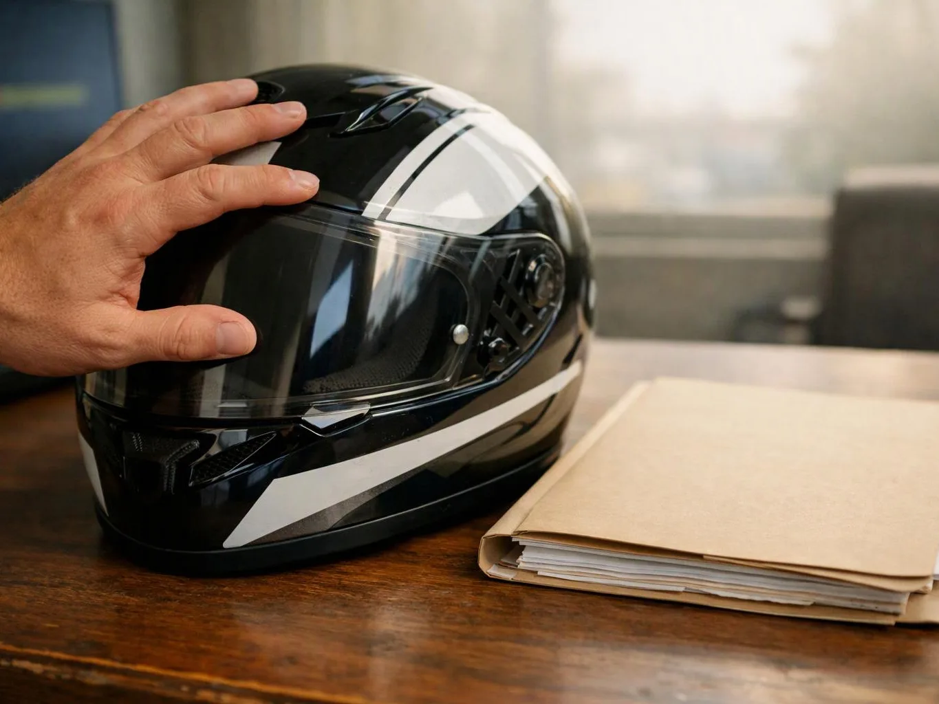 A hand rests on a black motorcycle helmet beside a folder on a wooden table