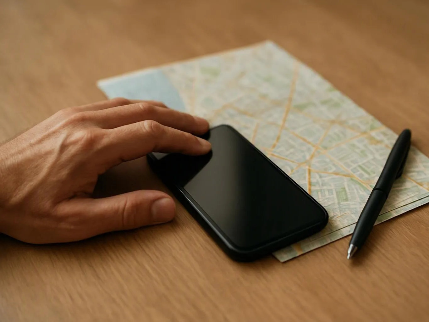 A hand rests on a black smartphone beside a paper map and a pen on a wooden table